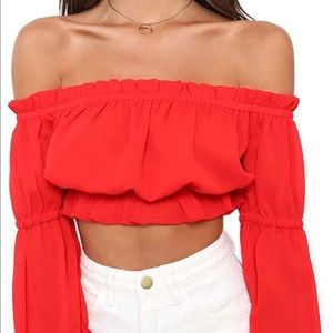 Off Shoulder Red cropped too long sleeve blouse